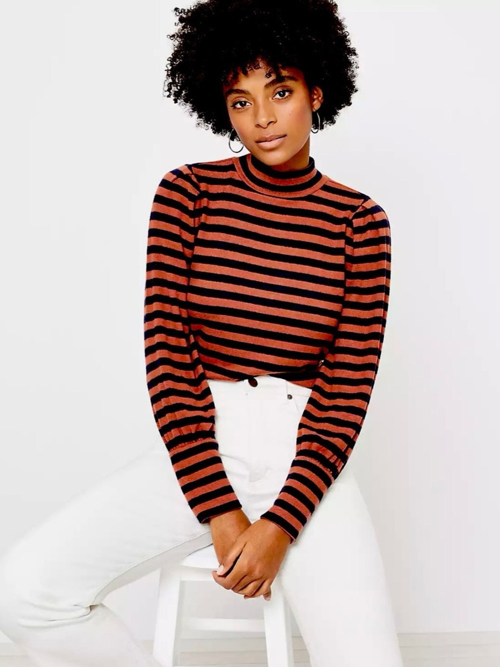 LOFT Striped Mock Neck Long Sleeve Top - Orange/Brown & Navy